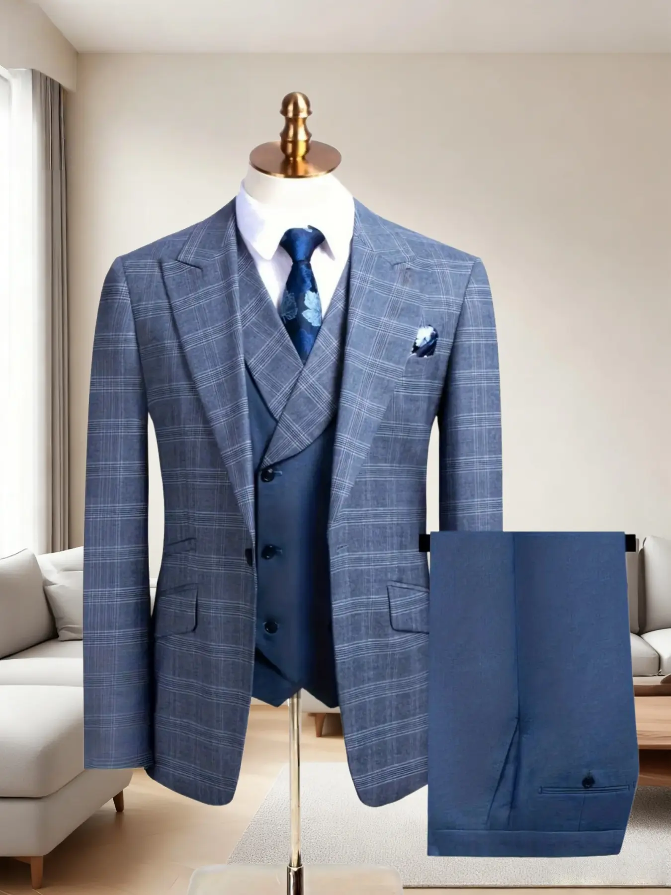 Wedding Men's Suit Plaid 3pcs Set Blazer Jacket + Vest + Pants, Long Sleeves, business, Formal, Casual Suits