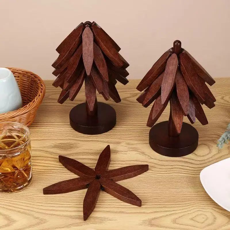 Natural Tree Trivet Set - Set of 4+1 (4 Wooden Trivets & 1 Stand) - Heat-Resistant, Auto-Unfolds Unique Unfold Use, Durable Solid Wood, Fondue Pot Base, Gift Idea - Ideal for Hot Dishes - Kitchenware Coasters (3.99 in)