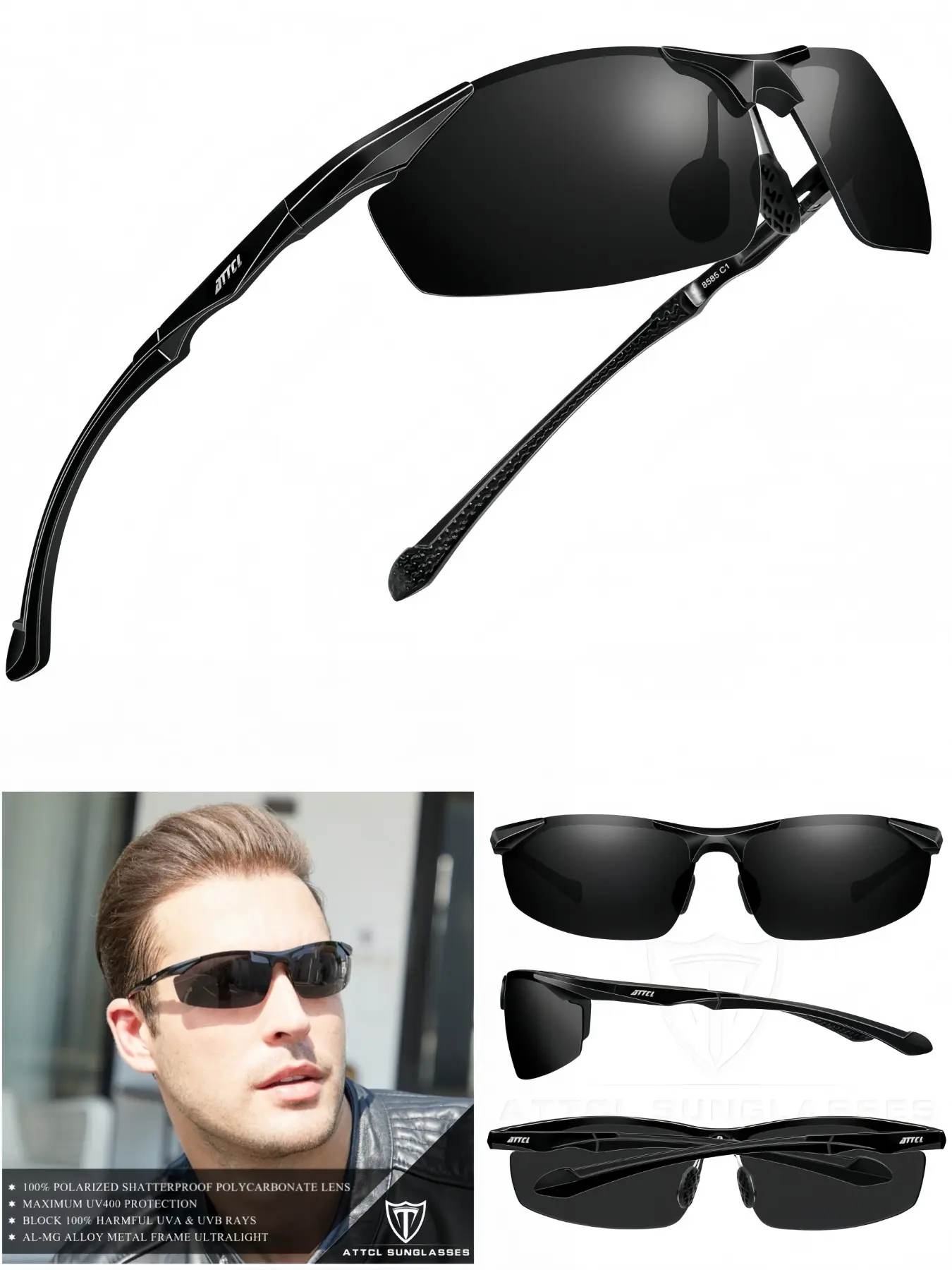 Men's 25g Ultra-Light, Lightweight Rimless Polarized Sun Protective Modern Sunglasses, Casual Shades, Aluminum-Magnesium Alloy Frame, Wraparound Design, UV400 Protection, TAC HD Lenses, Ideal for Casual Wear, with Hook Case & Microfiber Cleaning Cloth