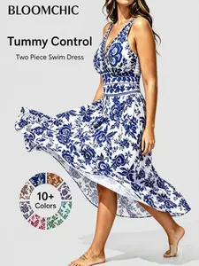 【Creator's Pick】【Summer Turn-Up】【Tummy Control】BlOOMCHIC Mid-Plus Size Two-Piece Floral Print Full Coverage Ruched Mesh Swimsuit & Sarong Tankini Swimdress with Removable Cups [M-6X] 2026 Summer Pick for Mother's Day