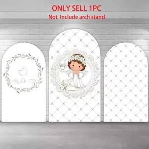 White Silver Angel Girls Baptism Arch Covers Stretchy Backdrop, God Bless First Holy Communion Design, Perfect for Girls Christening Religious Ceremony Photography Backdrop, Party Decorations Banners, Photo Backdrops