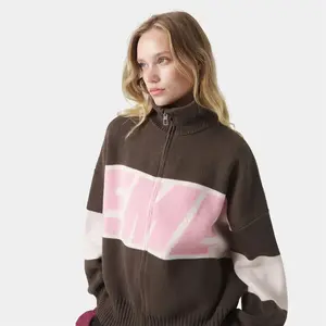 Vintage Patchwork​​     Women's Zipper Knit Sweater, Fashionable Stand Collar, Long Sleeves, Loose Short Cardigan, Women's Letter Print Knit Sweater