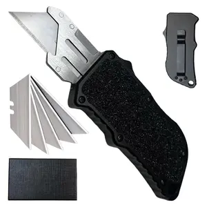 Aviation aluminum utility knife, EDC automatic utility knife, retractable heavy-duty cardboard knife, OTF box opening knifes, replaceable blade pocket knife with clips, with 5 spare SK5 blades (Black) cutter hand tool