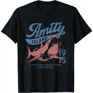 Men's Casual Round Neck Short-Sleeve Cotton Fabric T-Shirt, Jaws Amity Island 1975 Graphics-Inspired Unisex Gift for Film Buffs