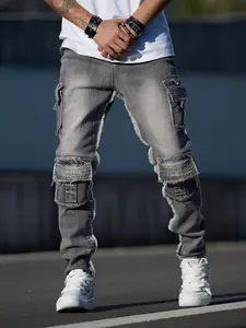 Men's New Korean Style Trendy Ripped Jeans Side Pocket Cargo Denim Trousers, Fashion Casual Youth Workwear, Slim-Fitting Denim Skinnies All Seasons Jeans