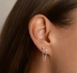 Silver Color Double Piercing Chain Dangle Earring