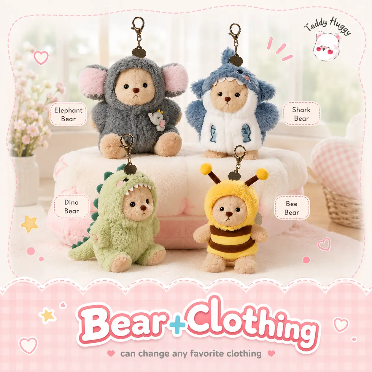 TEDDY HUGGY Dress-Up Teddy Bear Bag Charm - 6-Inch Soft Plush Key Chain Accessories, Animal Costumes Sets, Cute Collectibles, Animals Keychain Decor, Plushie Love