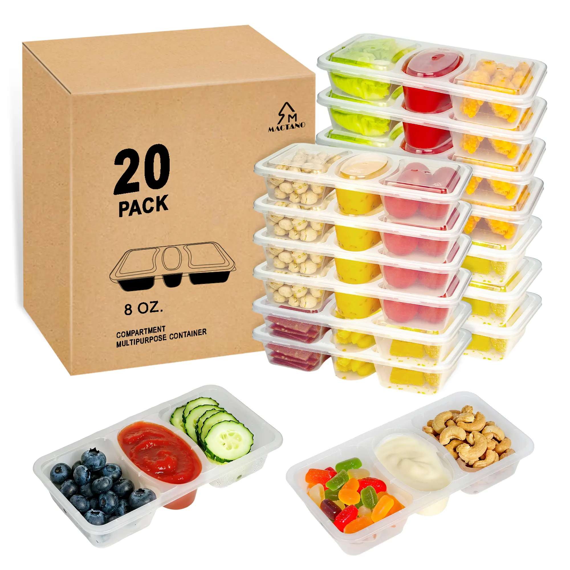 MACTANO 8 OZ Reusable Snack Containers with Lids, New 3 Compartment Condiment Snack Pack Containers 20 Sets