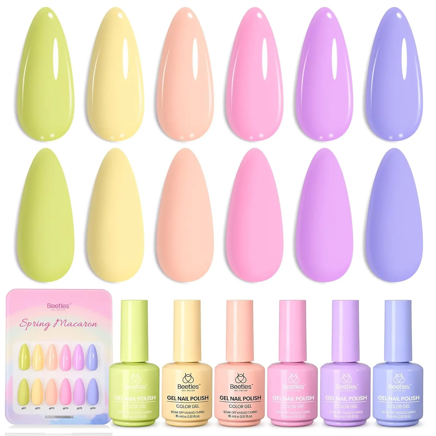 Beetles Spring Gel Polish Set - 6 Colors 15ML Spring Colors Gel Polish with Color Swatch, Soak Off UV LED Nail Art Kit Manicure Gift for Women
