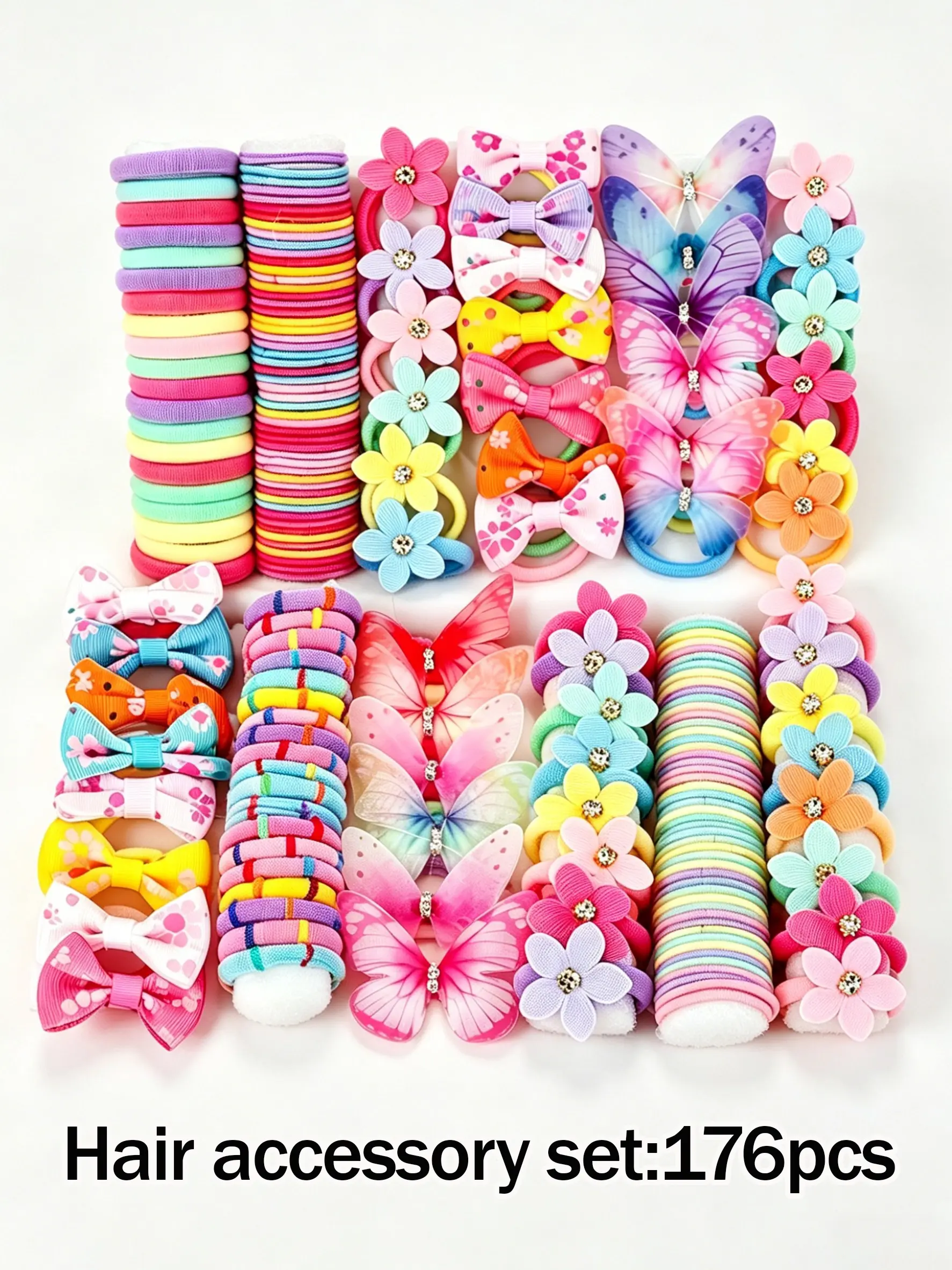 176pcs Multi-Color Butterfly Hair Ties & Accessory Set. Includes Rainbow Ties, Colorful Elastics, 3D Butterfly Clips & Flower Clips. Perfect for Girls & Women. Ideal for Daily, School, Sports, Outdoor & Performances, Hair Accessories Set