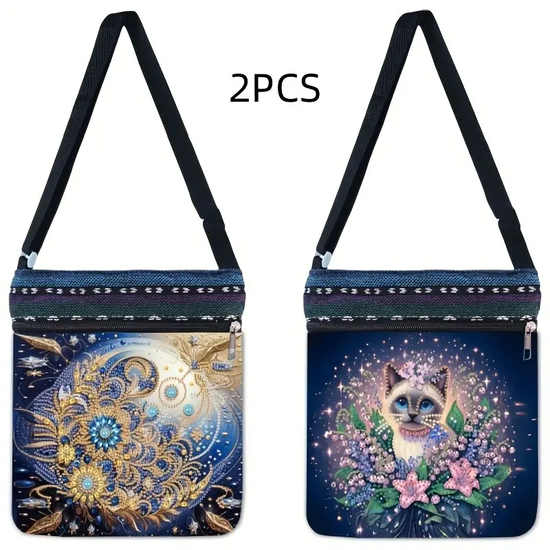 2-piece set of diamond painting kit messenger bag flowers, cat pattern canvas material with crystal gemstone embellishment mosaic craft reusable, large-capacity, Thanksgiving gift gift, DIY Kit
