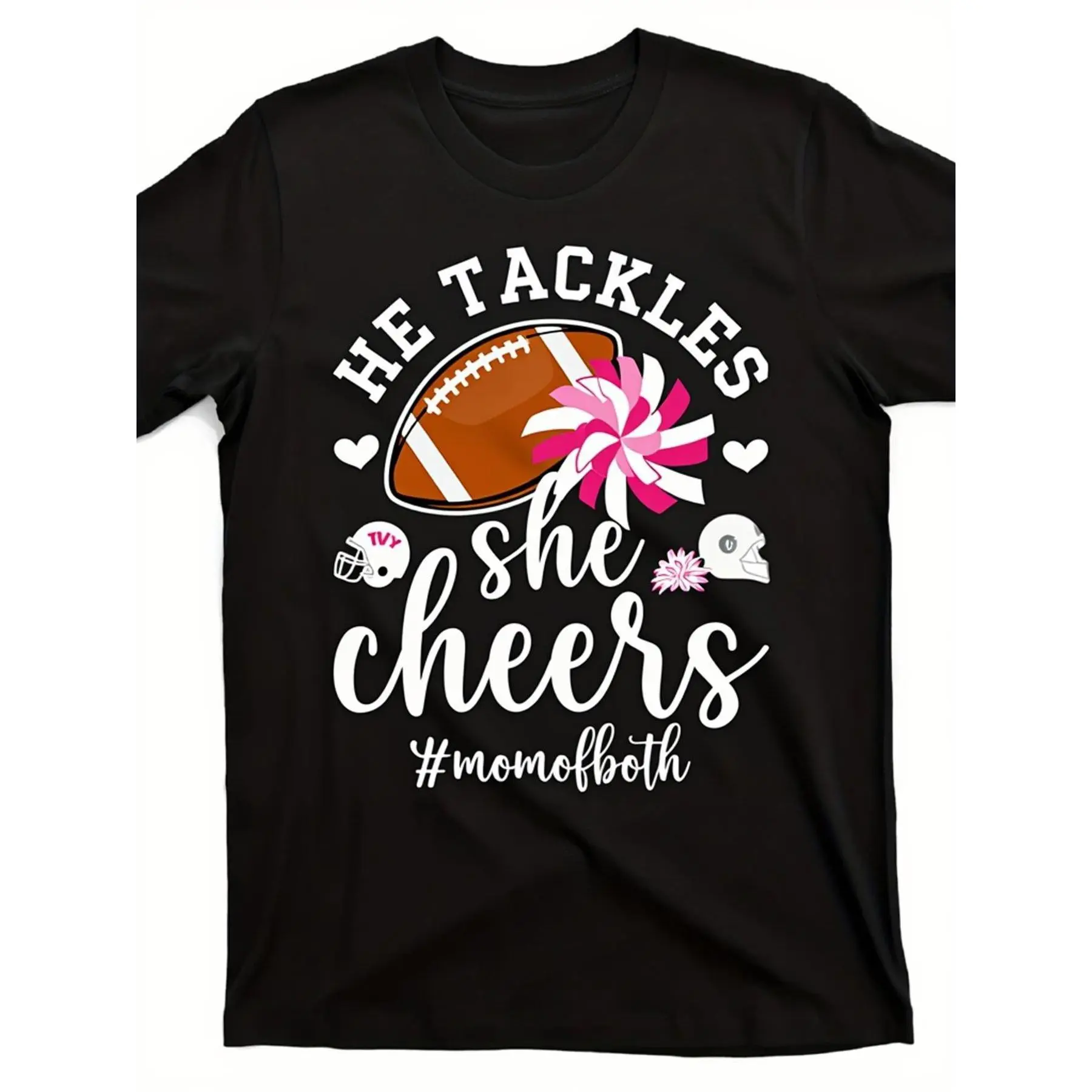He Tackles, She Cheers Plus Size T-Shirt - Stylish Short Sleeve Tee with Football and Cheer Graphics, Perfect for Sports Moms, Fun Casual Wear