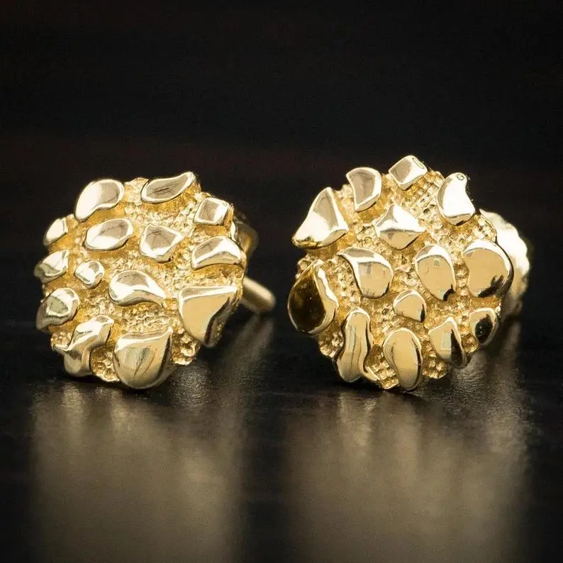 12mm Gold Plated Gold Nugget Earrings - Unisex Chunky Look Alloy Base Jewelry, Scratch & Fade Resistant Hip Hop Streetwear Chic, Accessories for Women, Men's Jewelry, Gift Box Included, Men's Accessories, Chunky Nugget Earrings, Daily Wear, Scratch Proof,