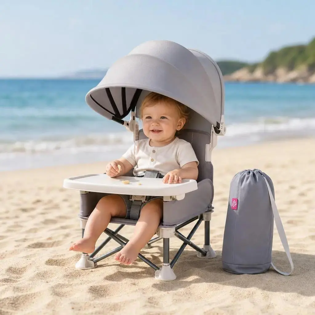 [SummerVibes] Portable Baby Beach Chair - Lightweight Compact Folding Outdoor Kids Stuff Travel High Chair with Carry Bag, Removable Tray, UPF 50+ Sun Canopy, Max 37lbs Weight for Sand, Camping Use, Toddler-Sized Baby Chairs, Infant-Safe Baby Chairs