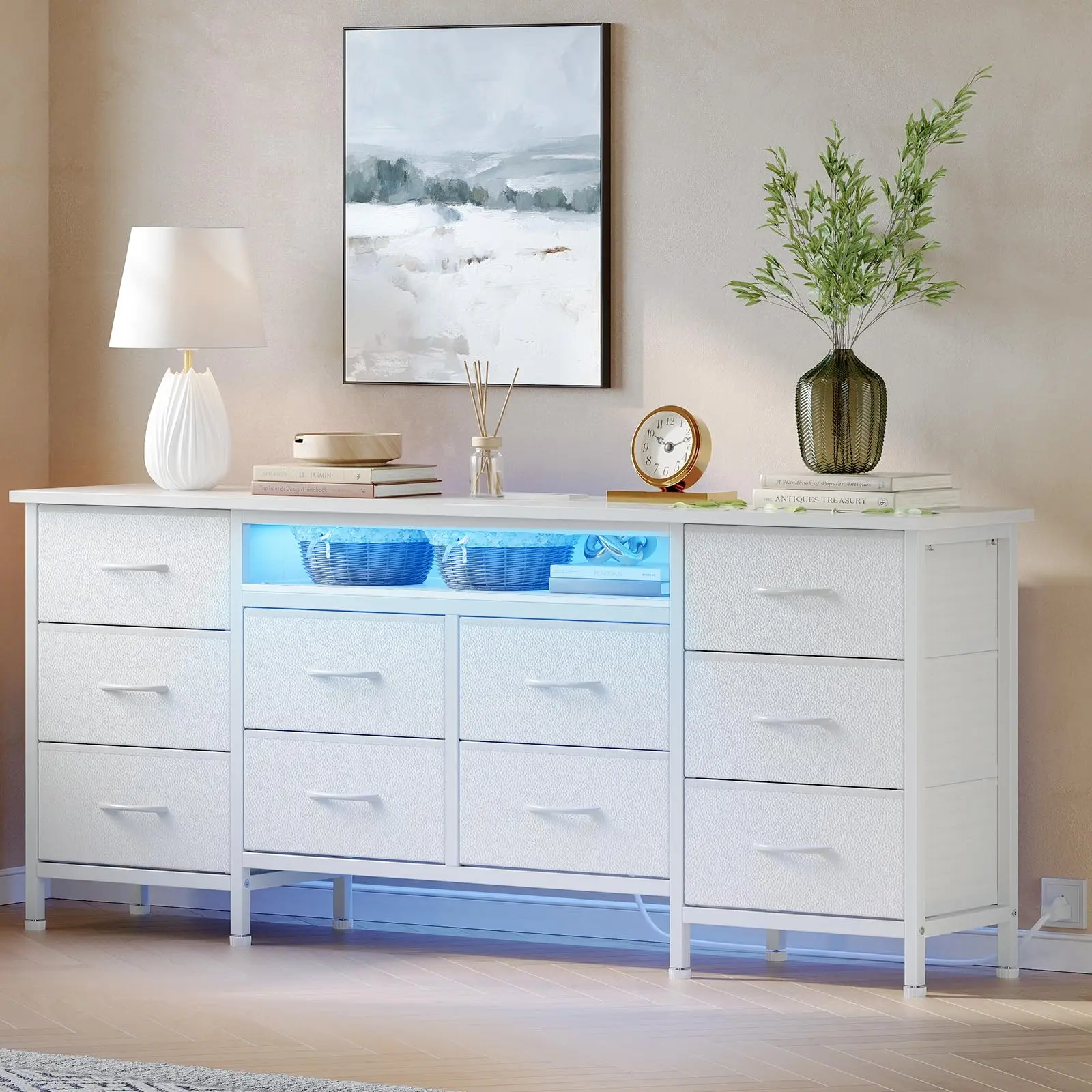 63" Long Dresser with 10 Spacious Fabric Drawers - Stylish Bedroom Storage Chest with LED Light & Built-in Power Outlet - Versatile Organizer for Clothes and Living Room Essentials