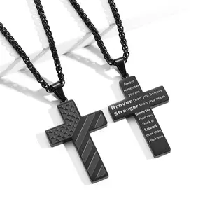 Men’s Cross Necklace: Bible Verse & American Flag Pendant | Stainless Steel Patriotic Faith Chain – Bold Gift for Him (men/boys), Black Tone