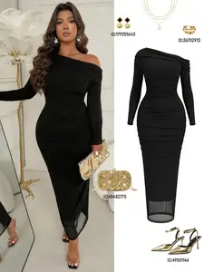 Elegant Off-Shoulder Long Sleeve Dress, Slim Fit Transparent Mesh Trumpet Hem, Night Out Evening Gown with Clear Heels