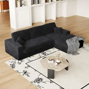 114.5'Modern Corduroy Modular foam Sofa, Recliner Seat reversible Sofa, 2-in-1 Sofa with Recliner and L-Shaped Sofa Combination with Three Cushion Neck Pillow Combination and Two Throw Pillows ，Black