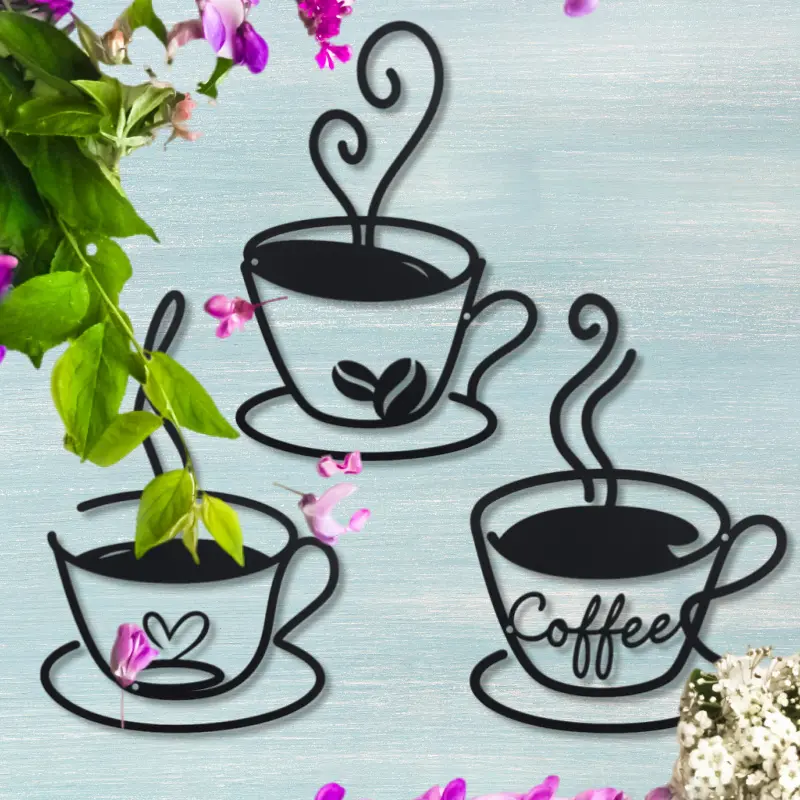 3-piece retro coffee cup metal vintage design wall art set - Decorative black silhouette cup with "coffee" inscription and floral embellishment, perfect for kitchen/coffee shop decoration, coffee bar accessories, Artwork For Walls