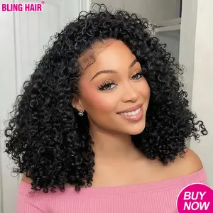 [3 IN 1 HALF WIG] Bling Hair Kinky Curly Glueless 250% Density Half Wig Human Hair Ready Go Glueless Wigs Human Hair Curly 3 In 1 Half Wigs for Women Drawstring Seamless Flip Headband Wig Beginner Friendly