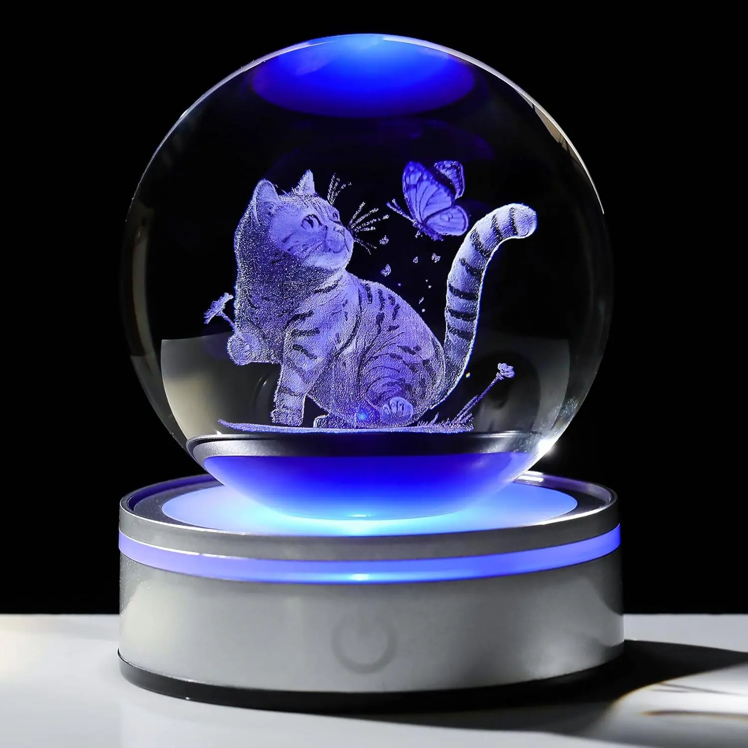 3.15in 3D Engraving Cat & Butterfly Glass Sphere LED Night Light with LED Base, Nightstand Decor - USB Mobile Light with Charging Cable, Gift Boxed for Teens - Christmas Bedroom Decoration