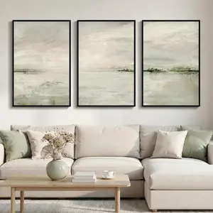 Large Framed Sage Green Abstract Landscape Wall Art for Living Room, 3 Piece Modern Canvas Prints Paintings Artwork for Walls, Oversized Pictures for Hallway Dining Bedroom Office Wall Decor 24x36 In
