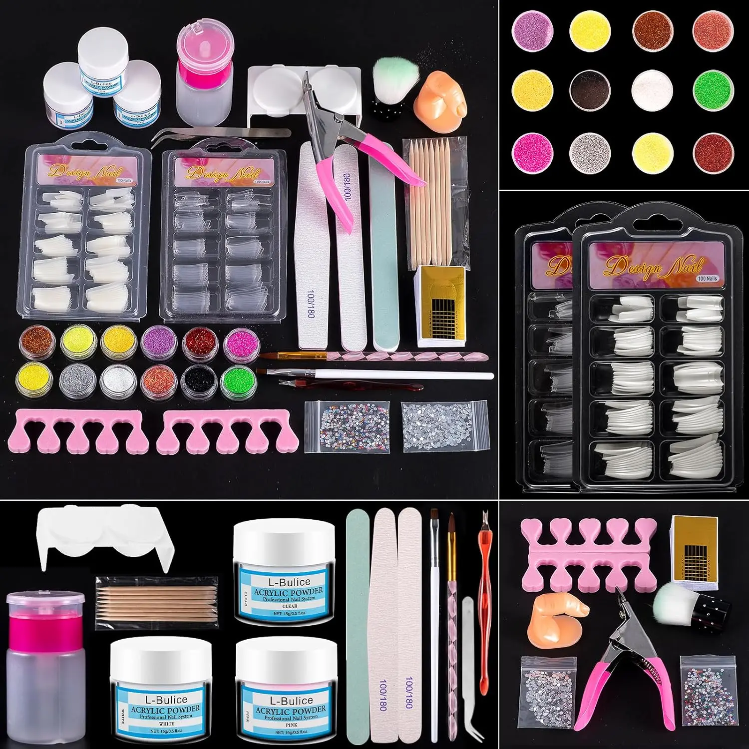 Acrylic Nail Kit for Beginners - Professional 12 Glitter Powder Set with Nail Care Art Tools, Tip Brush, Clipper, File for DIY Manicure