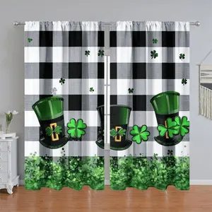 2Pcs St. Patrick's Day Buffalo Plaid Shamrock Curtain Panels, Green Hat Print, Pole Pocket Style, Semi Sunshade Polyester, for Home Living Room Bedroom Balcony Kitchen Study Window Decor, Accessory, Anti Privacy.