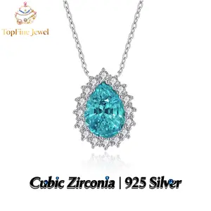 925 Sterling Silver Teardrop-Shaped Green Paraiba Stone Pendant Necklace, Surrounded by Full Circle of High-Cut Cubic Zirconia, Luxury Elegant Jewelry Suitable for Parties, Dates, Daily Commutes, and More