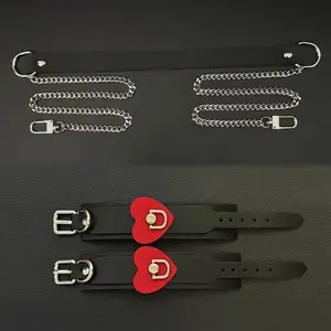 ThatDripTho Double Layered Chain Leather Choker Necklace with Matching Bracelets Set for Men & Women, Bf, Gf, Couple, Adjustable Collar, Premium Real Leather, Unisex, LGBTQ