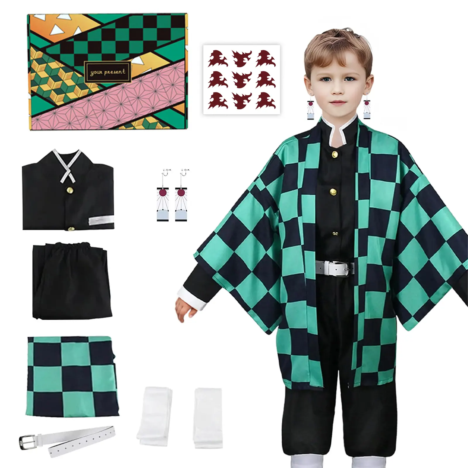 Kids Demon Slayer Tanjiro Cosplay Kimono Set, Dress Up Costume, Halloween Role-Playing Outfit for Boys