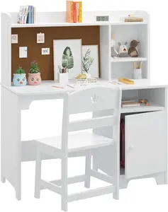 Gaomon Wooden Student Desk & Chair Set - Ergonomic Writing Table with Hutch, Storage Cabinet Organizer, Computer Workstation Furniture, Easy-to-Set-Up White Mini Home Supply for Kids' Bedroom