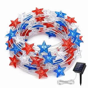 4th of July Decorations, 32FT 80 LED Red White and Blue String Lights Solar Powered Waterproof, Patriotic Lights for Memorial Day Independence Day Indoor Outdoor Decor
