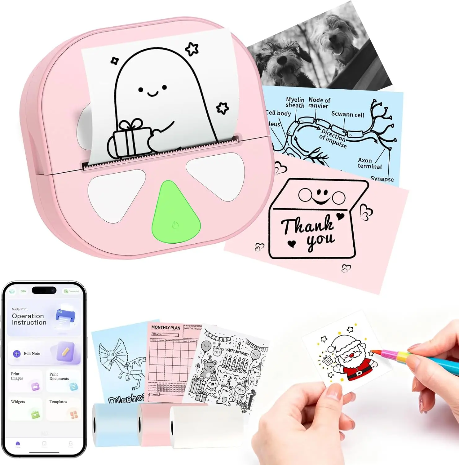 Joyberg BPA-Free Mini Thermal Sticker Printer, 4x6 Label Printer Pocket Printpod, Bluetooth Phone-Connected Impresora for Notes, Photos, Custom Scrapbook Stickers, Pink Kids Teens Gift