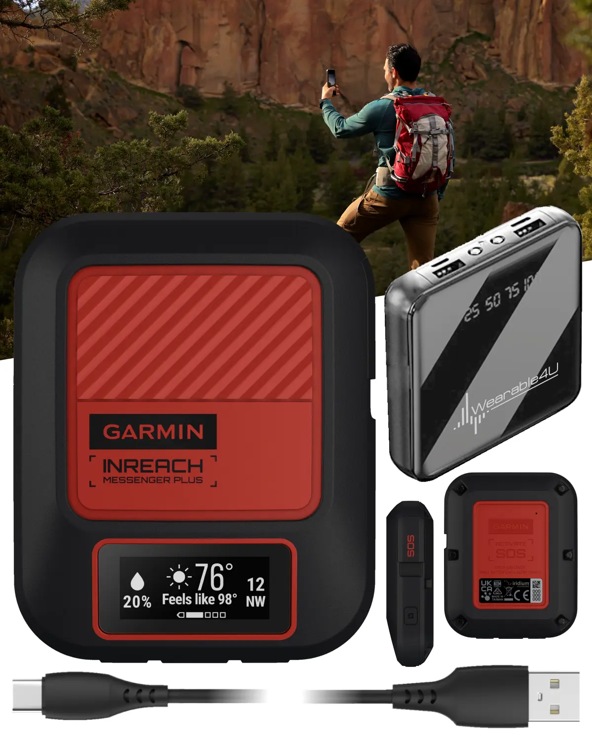 Garmin inReach Messenger Plus Handheld GPS Navigation Device - Rechargeable, with Voice Recordings, Photos, Group Messaging - Wearable4U, Portable, Li-Ion