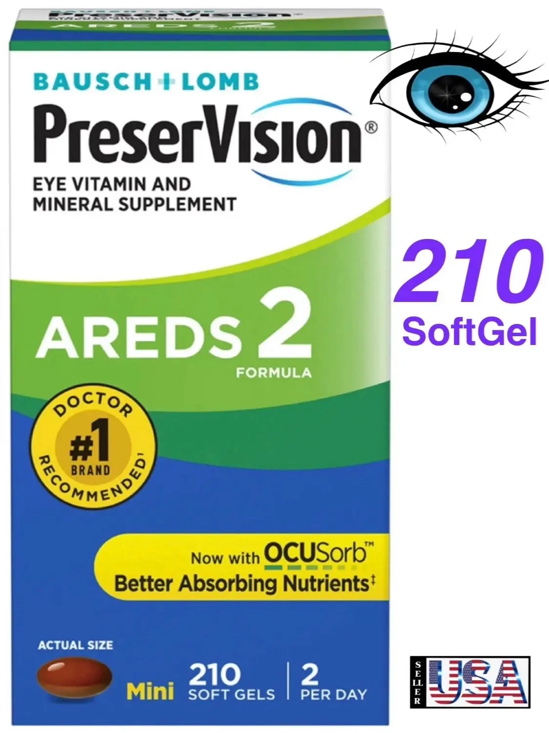 Bausch + Lomb PreserVision AREDS 2 Formula Eye Vitamin 210 Softgel,Healthcare Dietary Mineral Supplement Fitness Edible