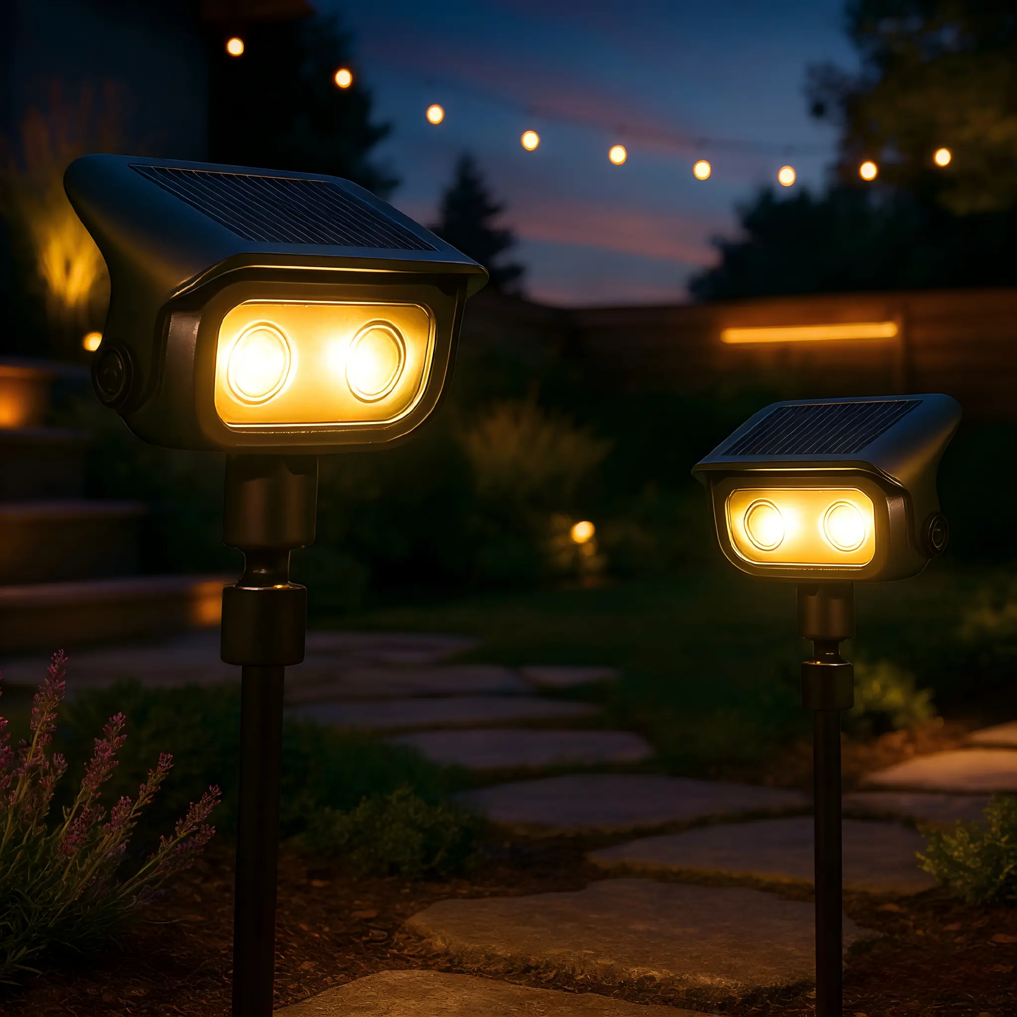 ISUNMEA 2-Pack Solar Landscape Spotlights - IP67 Rated Waterproof Outdoor Uplights, 2 Brightness Modes Warm White LEDs, Adjustable Uplight Focus, Auto On/Off Dusk-to-Dawn for Garden Warm Ambiance