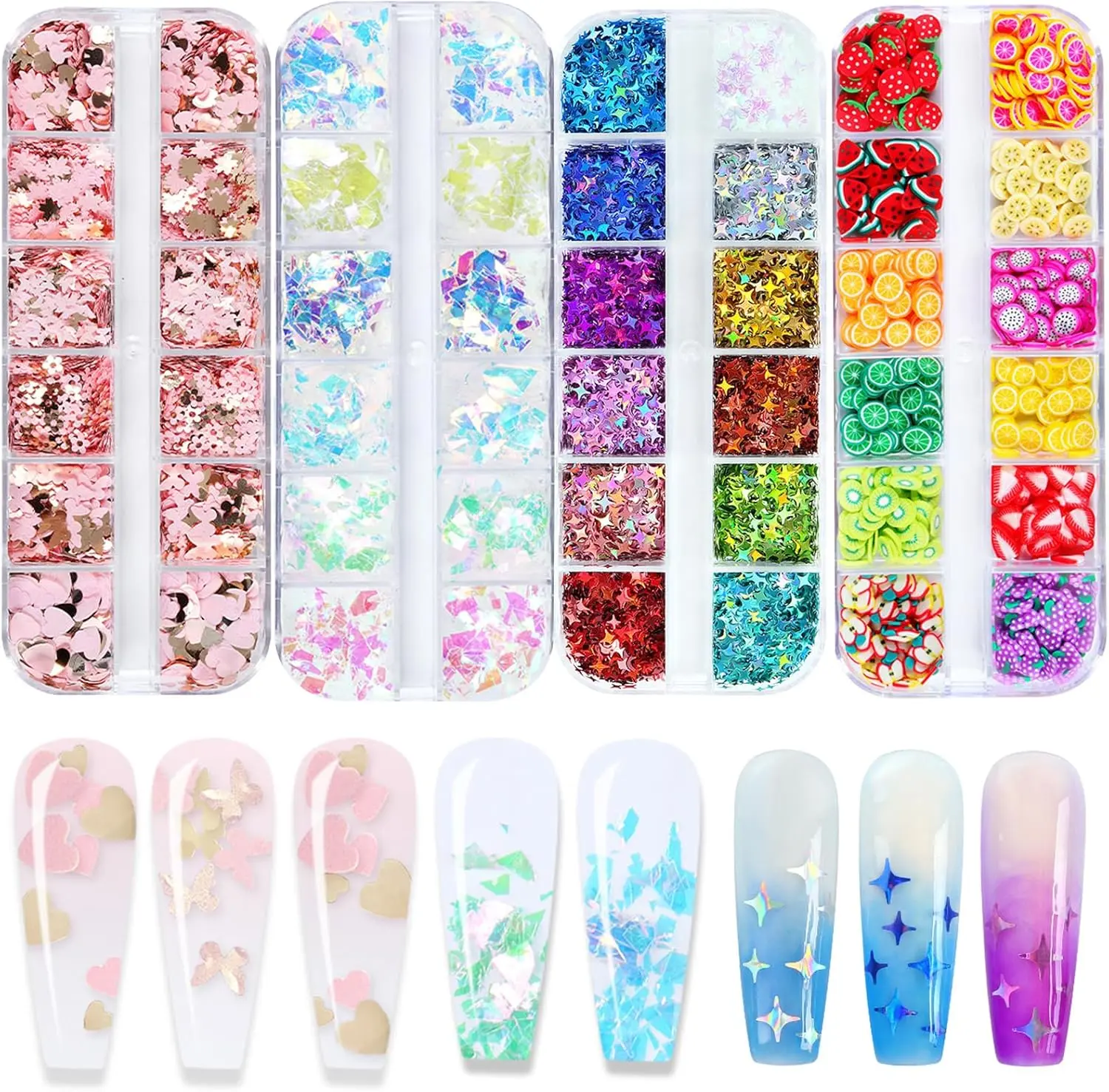 4 Boxes Holographic Nail Glitter Mixed Butterfly Heart Star Sequins Iridescent Flakes Fruit Nail Slice for Nail Art Decorations Supplies
