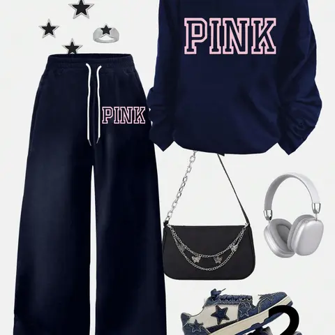 A teenage girl's/women off-shoulder pink pattern top and wide-leg casual trousers; a loose-fitting, oversized casual long-sleeved top with a letter print paired with loose-fitting drawstring trousers; soft, suitable for women, and versatile. Clothes