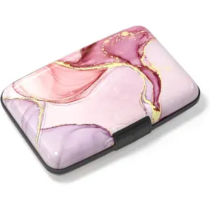Household daily necessities Credit Card Holder, Mini Aluminum Card Wallet RFID Blocking Slim Metal Hard Card Case for Women Men, Pink Marble