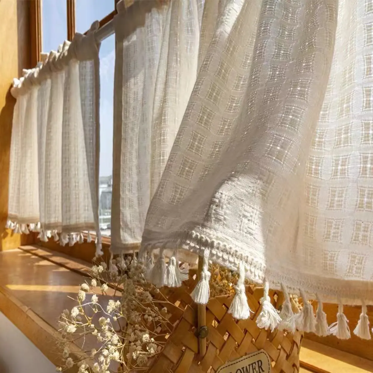 Modern Minimalist Imitation Linen Semi-Transparent Curtain Panel, Rod Pocket Hanging, Ideal for Cafe Balcony Kitchen Living Room Bedroom Window Decor, Home Decoration Curtain, Home Decorative Curtain, Sheer Kitchen Curtains
