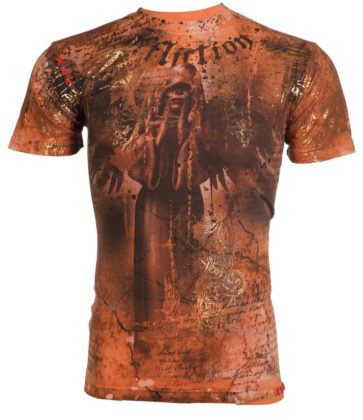 Affliction Men's Orange Floating Graphic T-Shirt - 100% Cotton Crew Neck Biker Gothic Streetwear Tee, Tshirt, Tops