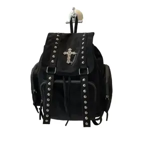 Gothic Vintage Rivet Backpack, Cross Chain Decoration, Punk Street Style, Casual Plain Design, All Seasons, Unisex Bag, Stud BookbagGift
