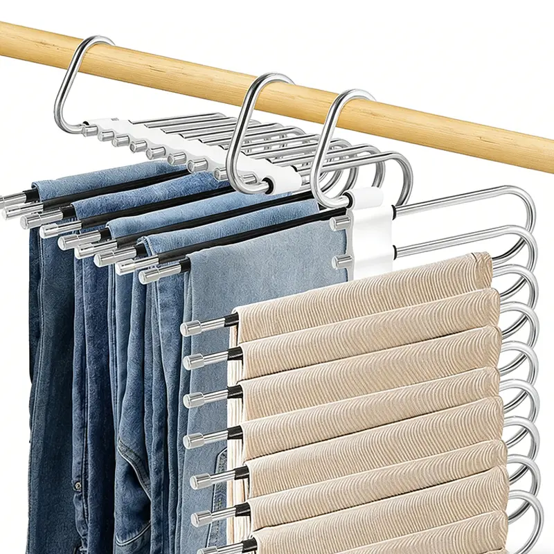 9-Tier Stainless Steel Trouser Rack - Multifunctional Clothes Hanger for Hanging Clothes Storage, Organizing Multiple Pants, Closet Organization, 5 Extra Hooks, Non-Slip Compact Closet Organizer,dorm essentials,home decor
