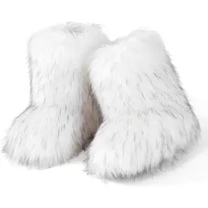 Women Faux Fur Boot Furry Fluffy Round Toe Suede Snow Winter Women Boots Comfy Plush Warm Short Outdoor Indoor Flat Shoes Mid-Calf Boots