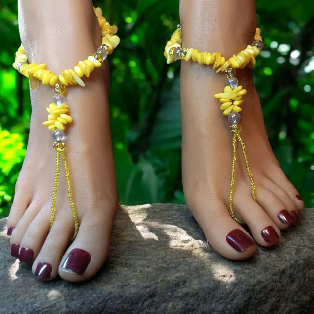 Women's No-Heel Casual Comfy Bohemian Barefoot Sandals - Yellow Beach Pebbles Style, Anklet Jewelry Shoes for Unshod Walk Natural Comfort, Women's Beach Footwear