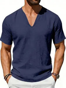 Men's Summer Loose Fit Linen T-Shirt, Breathable Deep V Design, Casual Short Sleeve Top, American Style, Cross-Border Fashion