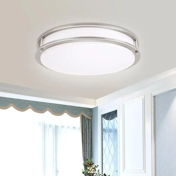 ENATECLITE 14inch Double-Ring Nickel Brushed Led Ceiling Light, Dimmable Flush Mount Ceiling Lighting Fixture, Super Bright 2500LM, 26W, 5000K ETL Listed, CRI80 for Bathroom, Bedroom, Hallway
