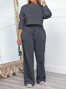 Women's Solid Drop Shoulder Top & Adjustable Drawstring Waist Flare Leg Pants Set, Casual Long Sleeve Round Neck Top & High Waist Bell Bottom Trousers for Fall & Winter, Ladies Clothes for Daily Wear