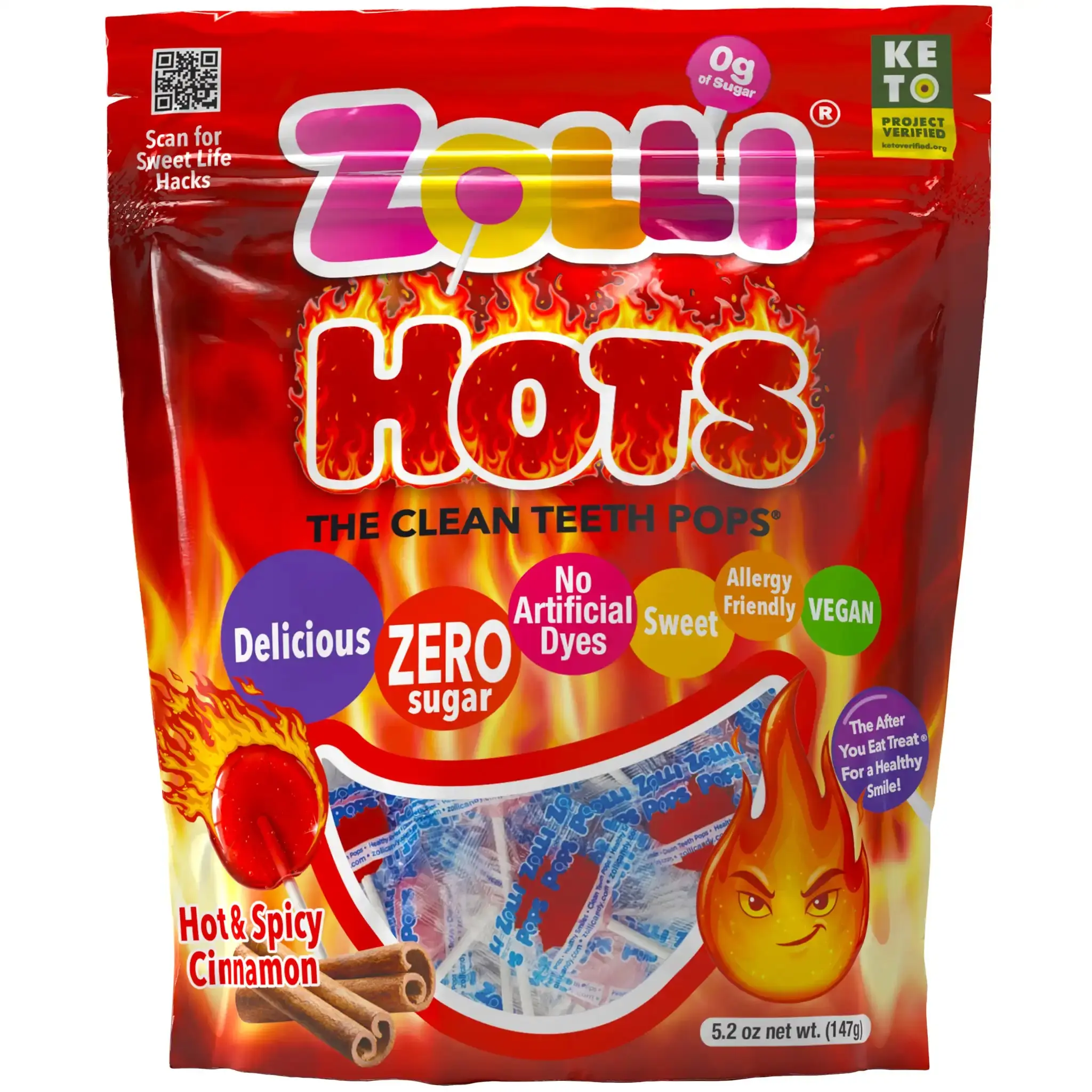 Zolli Hots - Zollipops Cinnamon 5.2 oz - Zero Sugar Lollipops & Artificial Dye Free, Vegan, Keto & Diabetic Friendly